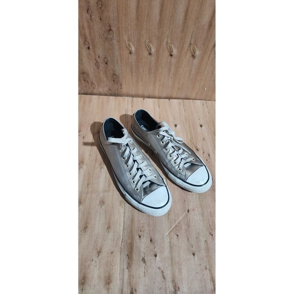 CONVERSE ALL STAR SILVER GLITTERY SHINY LEATHER SNEAKERS, LADIES SIZE 8 - Picture 2 of 9